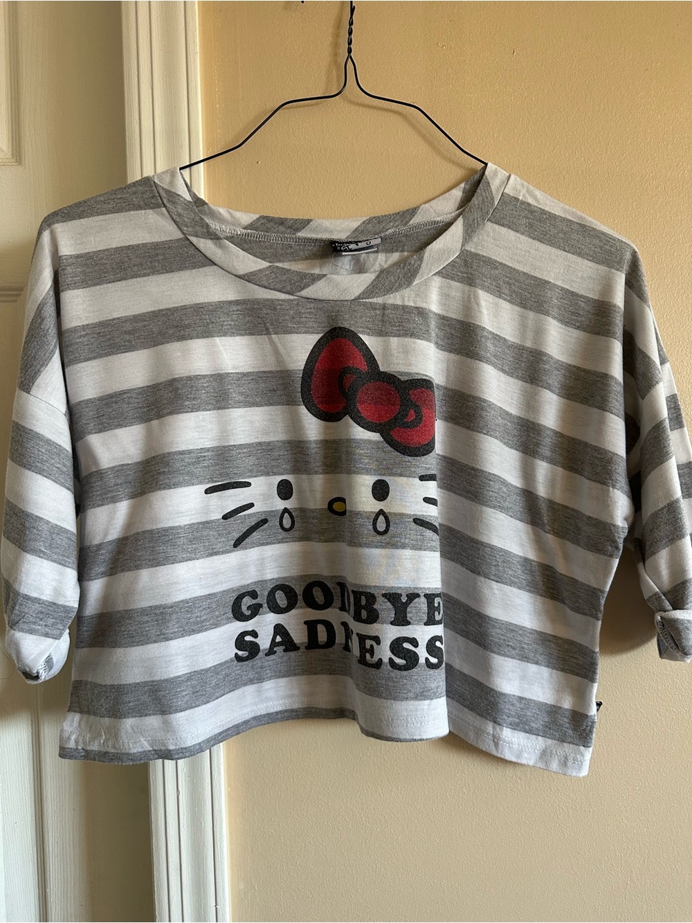 Target Hello Kitty Grey & White Striped Tee with Red Bow